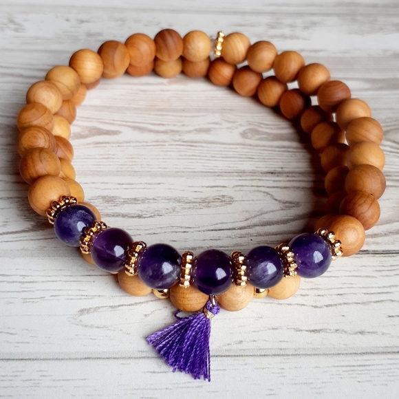 Natural Wood/ Amethyst Gemstone Bracel… - Picture 3 of 4